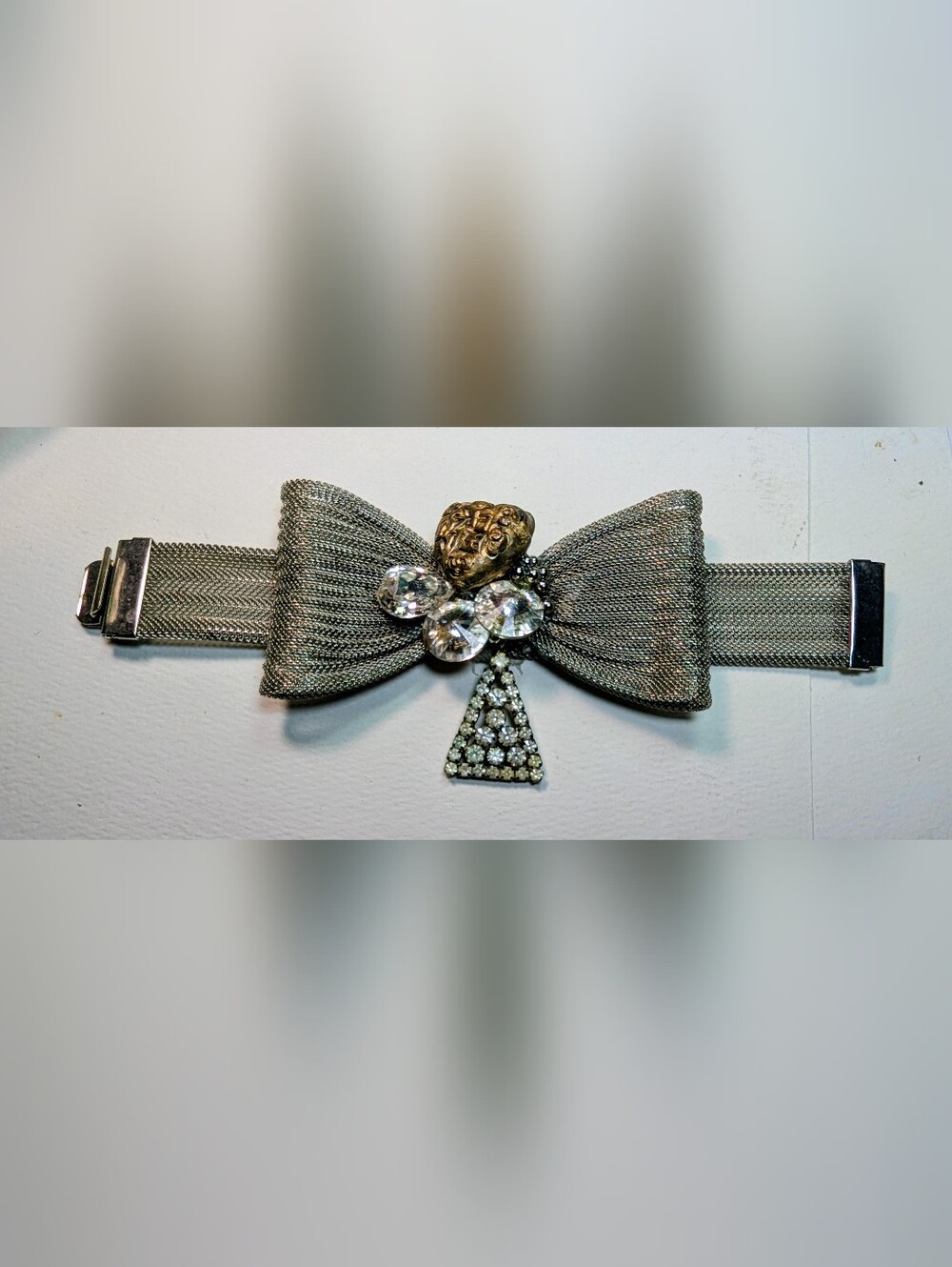 Wendy Gell silver mesh bow bracelet with dangle